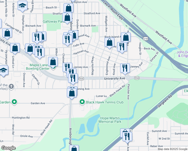 map of restaurants, bars, coffee shops, grocery stores, and more near 1237 Magnolia Parkway in Waterloo