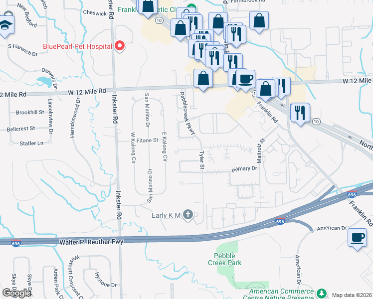 map of restaurants, bars, coffee shops, grocery stores, and more near 26832 Congress Court in Southfield