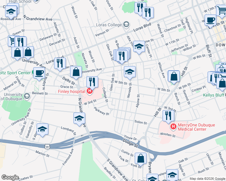 map of restaurants, bars, coffee shops, grocery stores, and more near 392 Glen Oak Street in Dubuque