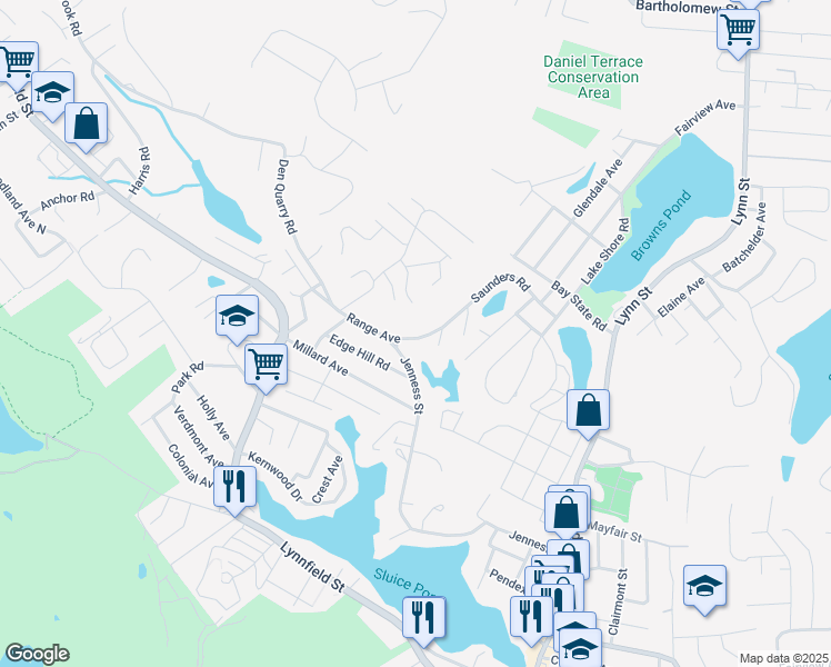 map of restaurants, bars, coffee shops, grocery stores, and more near 55 Range Avenue in Lynn