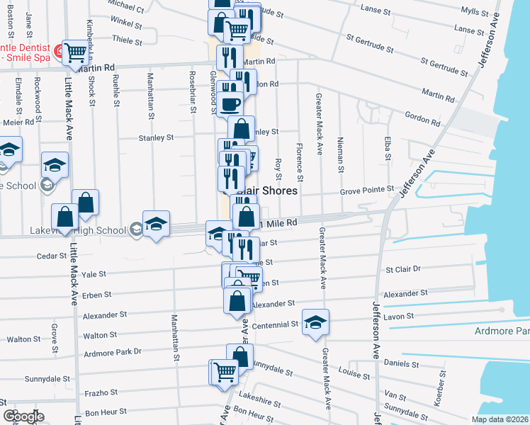 map of restaurants, bars, coffee shops, grocery stores, and more near 21603 East Eleven Mile Road in St. Clair Shores