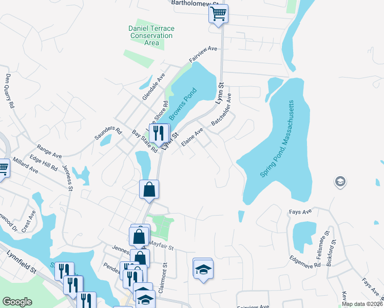 map of restaurants, bars, coffee shops, grocery stores, and more near 7 Fairview Road in Peabody