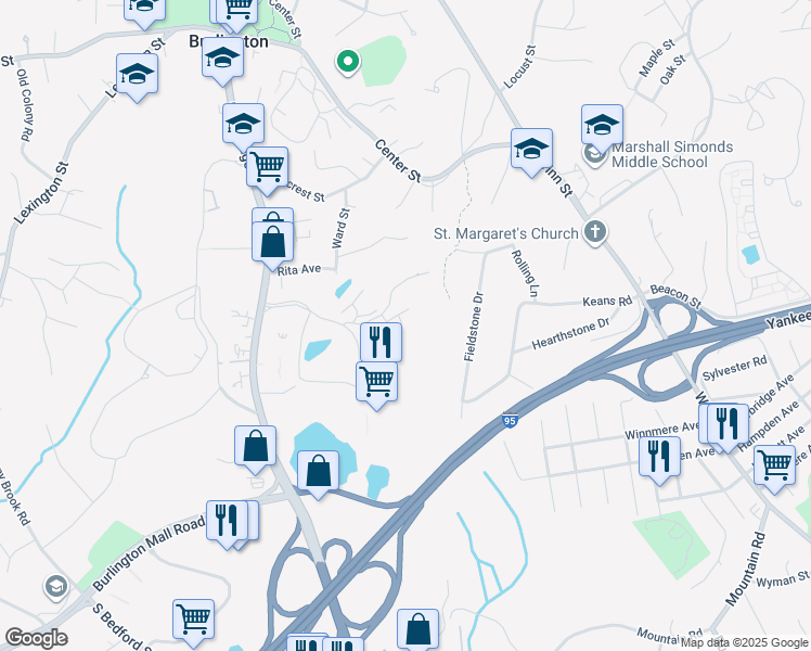 map of restaurants, bars, coffee shops, grocery stores, and more near 42 Hill Circle in Burlington