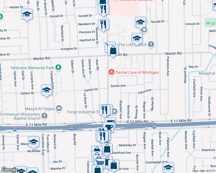 map of restaurants, bars, coffee shops, grocery stores, and more near 27447 Hoover Road in Warren