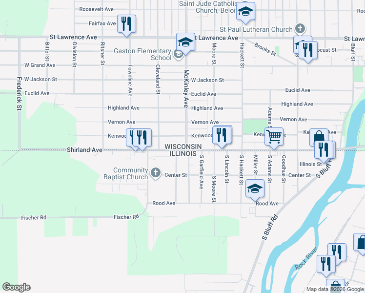 map of restaurants, bars, coffee shops, grocery stores, and more near 102 McKinley Avenue in Beloit