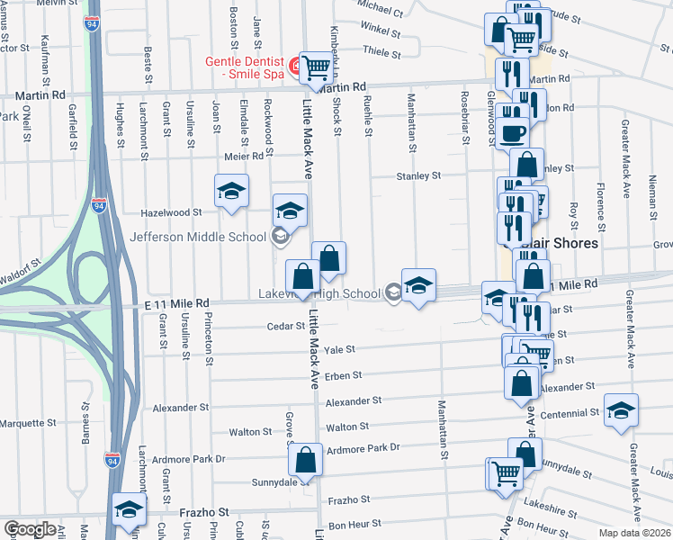 map of restaurants, bars, coffee shops, grocery stores, and more near 27729 Shock St in St Clair Shores