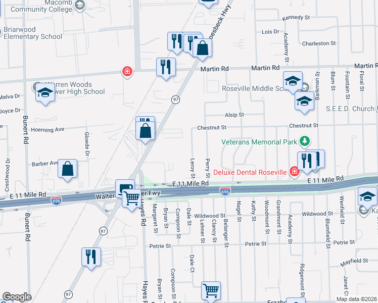 map of restaurants, bars, coffee shops, grocery stores, and more near 27261 Leroy Street in Roseville