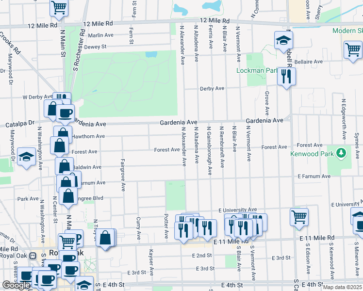 map of restaurants, bars, coffee shops, grocery stores, and more near 807 North Alexander Avenue in Royal Oak