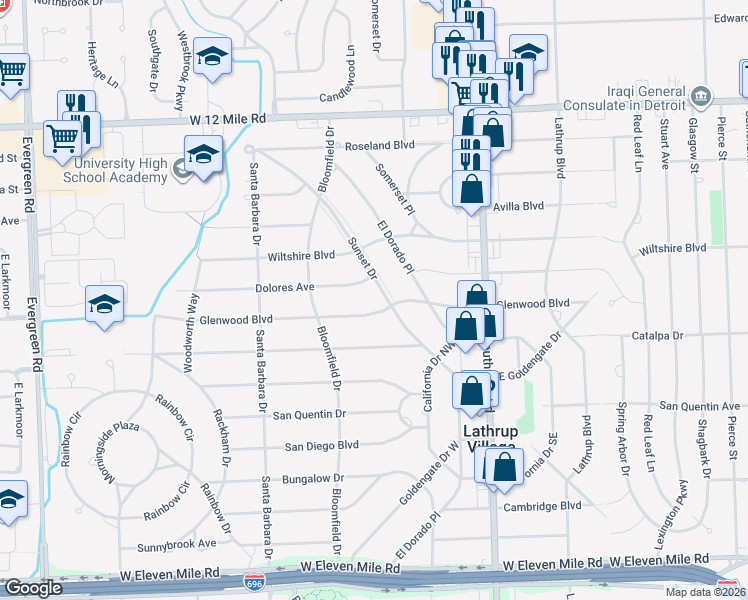 map of restaurants, bars, coffee shops, grocery stores, and more near 18469 Dolores Avenue in Lathrup Village