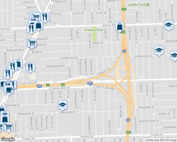 map of restaurants, bars, coffee shops, grocery stores, and more near 27096 Ridgewood Street in Roseville