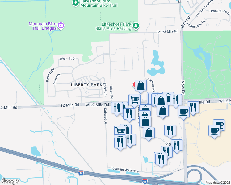 map of restaurants, bars, coffee shops, grocery stores, and more near 28000 Dixon Rd in Novi