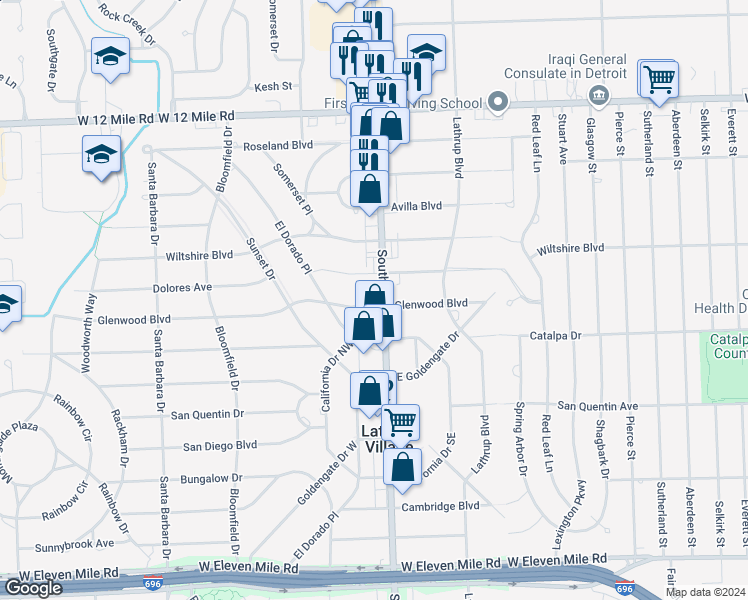 map of restaurants, bars, coffee shops, grocery stores, and more near 28211 Southfield Road in Lathrup Village