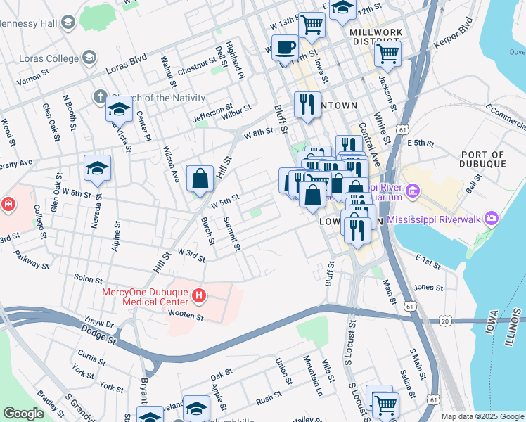 map of restaurants, bars, coffee shops, grocery stores, and more near 550 Cooper Pl in Dubuque