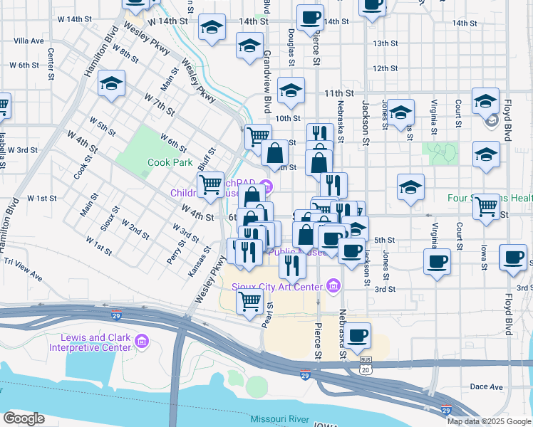 map of restaurants, bars, coffee shops, grocery stores, and more near 601 Pearl St in Sioux City