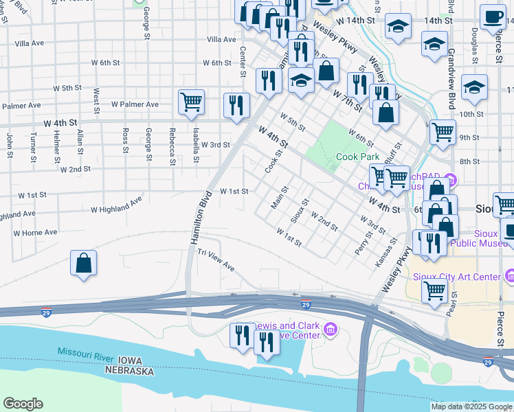 map of restaurants, bars, coffee shops, grocery stores, and more near 106 Sparks Street in Sioux City