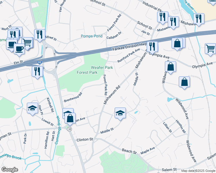 map of restaurants, bars, coffee shops, grocery stores, and more near 17 Forest Park Road in Woburn