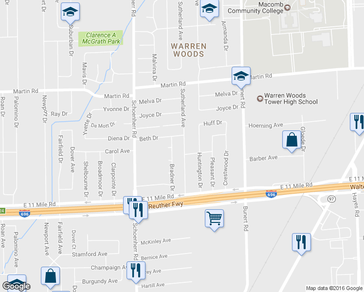 map of restaurants, bars, coffee shops, grocery stores, and more near 27351 Sutherland Avenue in Warren