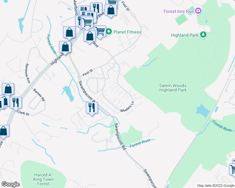 map of restaurants, bars, coffee shops, grocery stores, and more near 6 Janus Lane in Salem