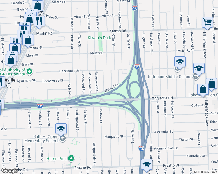 map of restaurants, bars, coffee shops, grocery stores, and more near 19223 Waldorf Street in Roseville