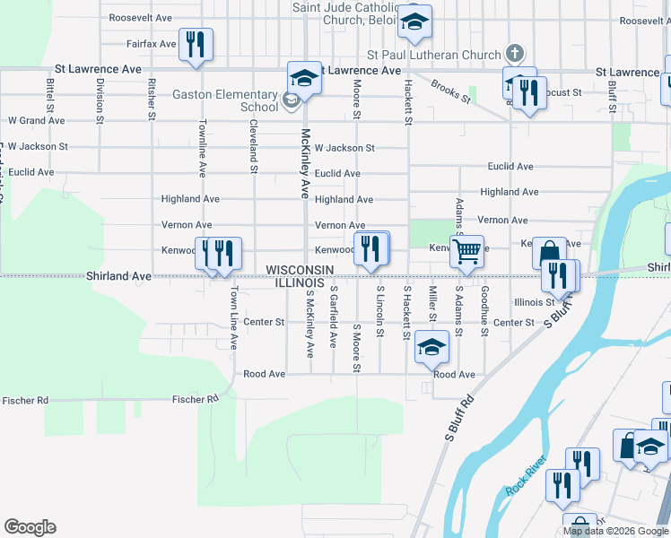 map of restaurants, bars, coffee shops, grocery stores, and more near 1325 Shirland Avenue in South Beloit