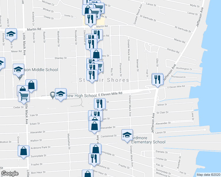 map of restaurants, bars, coffee shops, grocery stores, and more near 21625 East 11 Mile Road in Saint Clair Shores