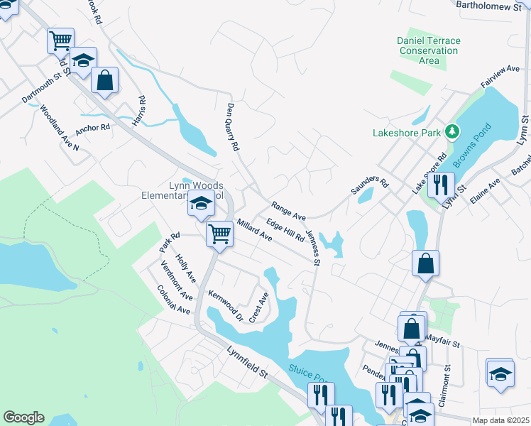 map of restaurants, bars, coffee shops, grocery stores, and more near 27 Longwood Road in Lynn
