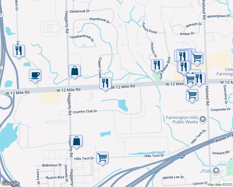 map of restaurants, bars, coffee shops, grocery stores, and more near 38799 Twelve Mile Road in Farmington Hills
