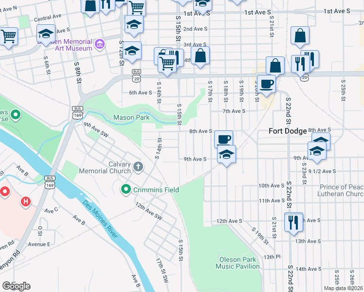 map of restaurants, bars, coffee shops, grocery stores, and more near 825 South 15th Street in Fort Dodge