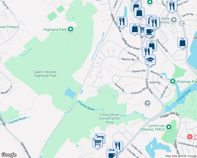 map of restaurants, bars, coffee shops, grocery stores, and more near 8 Russell Drive in Salem
