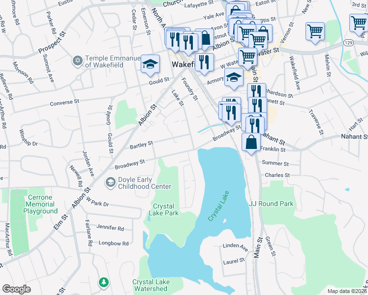 map of restaurants, bars, coffee shops, grocery stores, and more near 141A Broadway Street in Wakefield