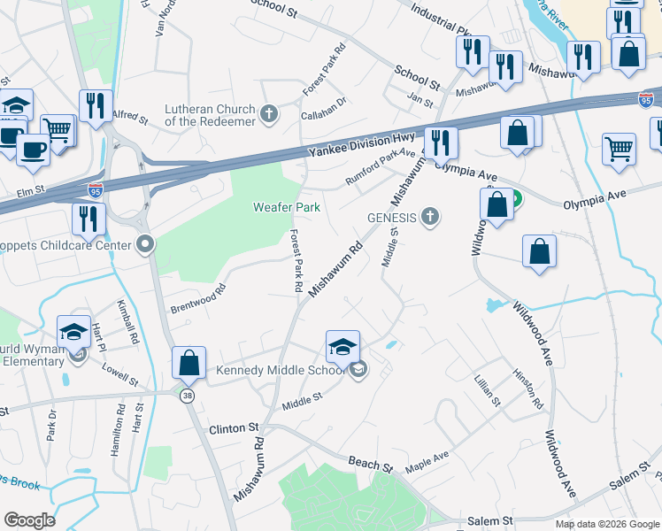 map of restaurants, bars, coffee shops, grocery stores, and more near 107 Mishawum Road in Woburn