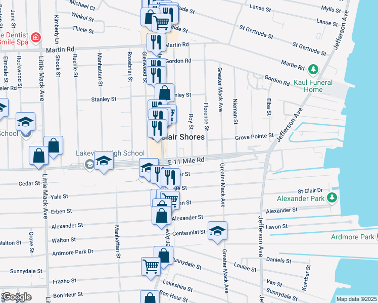 map of restaurants, bars, coffee shops, grocery stores, and more near 26110 Harper Avenue in St. Clair Shores