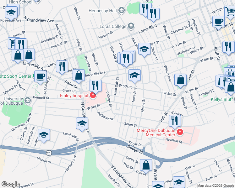 map of restaurants, bars, coffee shops, grocery stores, and more near 392 Glen Oak Street in Dubuque