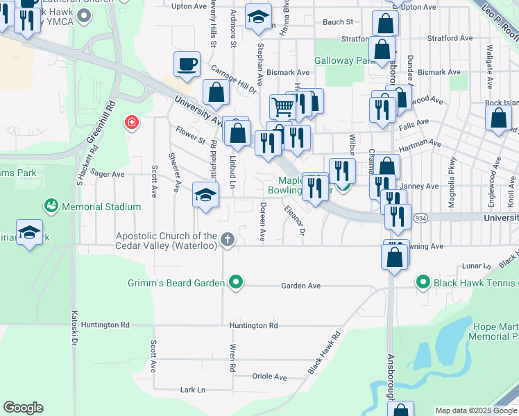 map of restaurants, bars, coffee shops, grocery stores, and more near 1212 Doreen Avenue in Waterloo