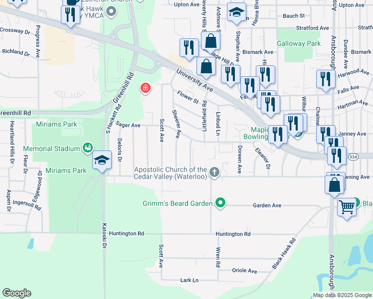 map of restaurants, bars, coffee shops, grocery stores, and more near 1224 Sheldon Street in Waterloo