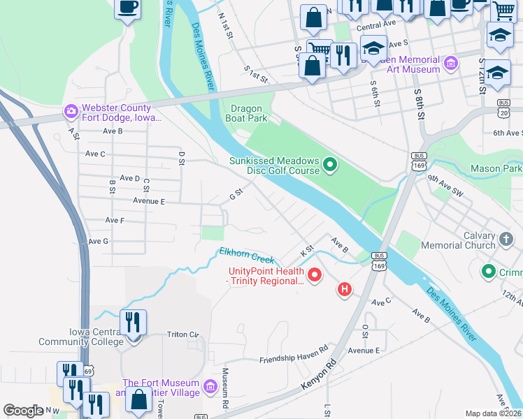 map of restaurants, bars, coffee shops, grocery stores, and more near 310 I Street in Fort Dodge