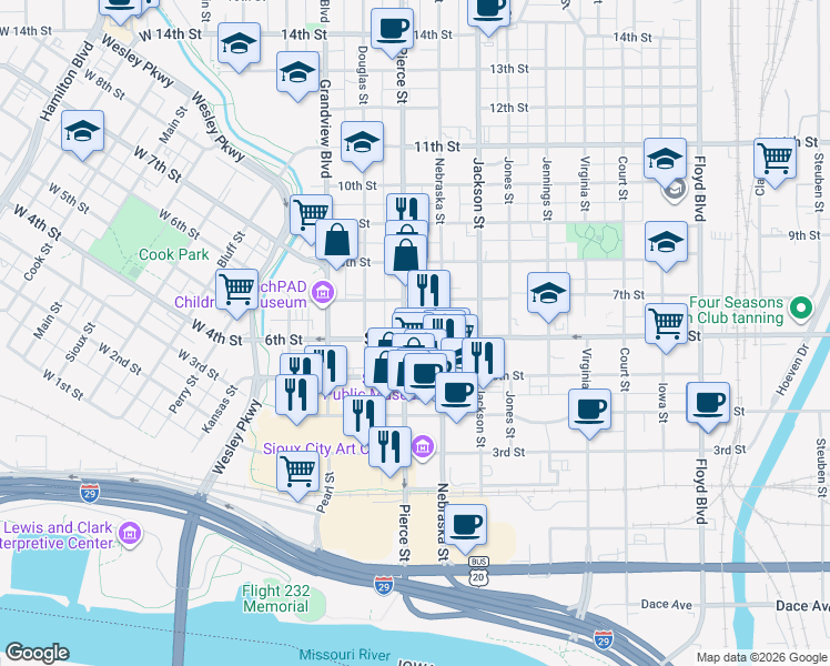 map of restaurants, bars, coffee shops, grocery stores, and more near in Sioux City