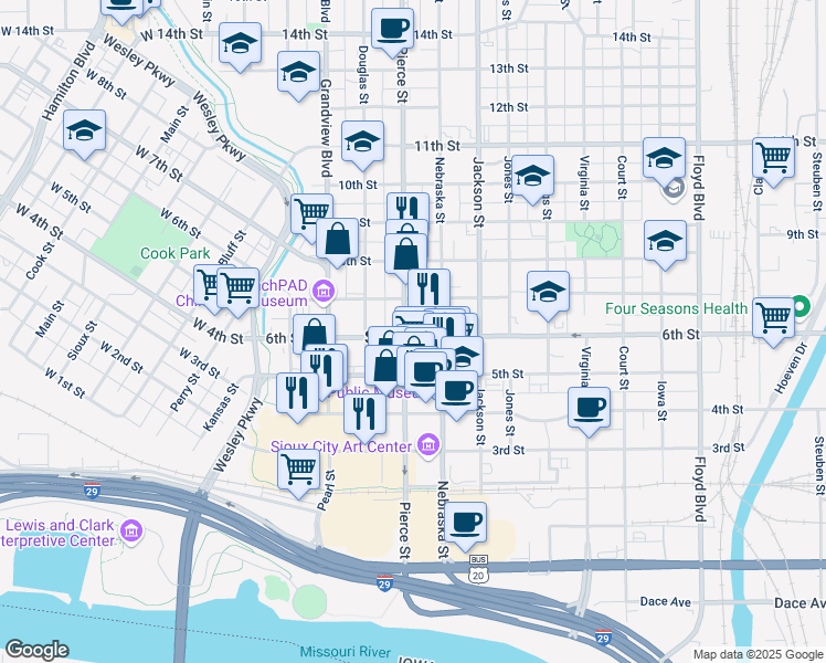 map of restaurants, bars, coffee shops, grocery stores, and more near in Sioux City