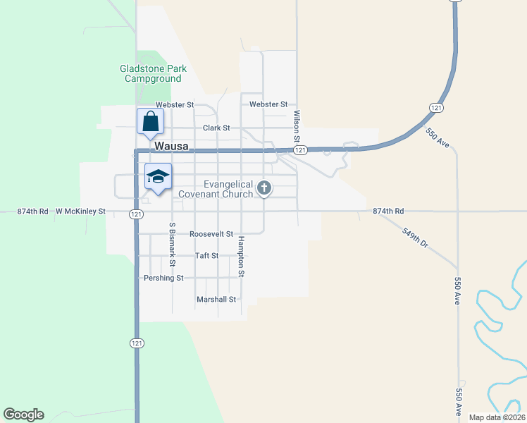 map of restaurants, bars, coffee shops, grocery stores, and more near 700 McKinley Street in Wausa