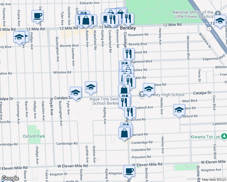 map of restaurants, bars, coffee shops, grocery stores, and more near 2666 Cumberland Road in Berkley