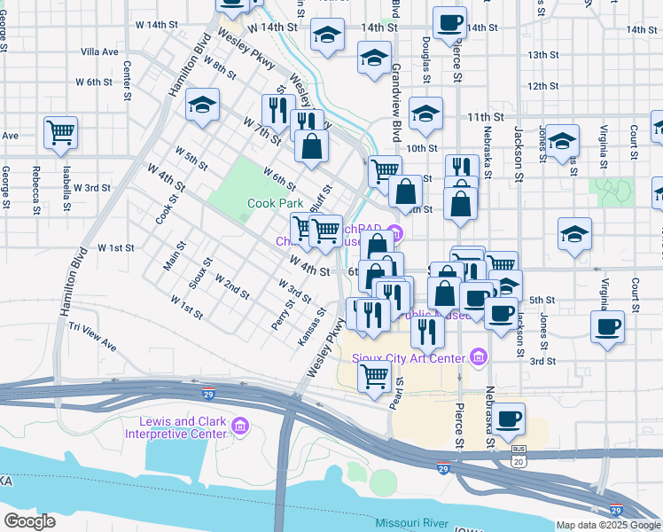 map of restaurants, bars, coffee shops, grocery stores, and more near 111 West 4th Street in Sioux City