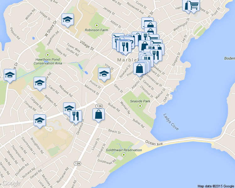 map of restaurants, bars, coffee shops, grocery stores, and more near 11 West Cottage Street in Marblehead