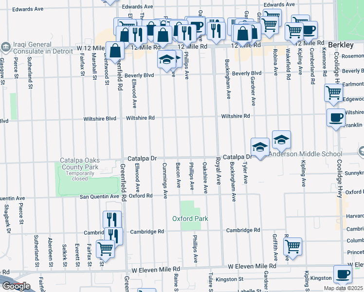 map of restaurants, bars, coffee shops, grocery stores, and more near 2678 Bacon Ave in Berkley