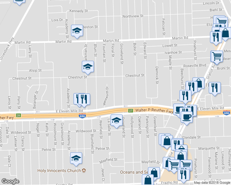 map of restaurants, bars, coffee shops, grocery stores, and more near 27256 Floral Street in Roseville