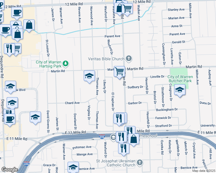 map of restaurants, bars, coffee shops, grocery stores, and more near 27652 Liberty Drive in Warren