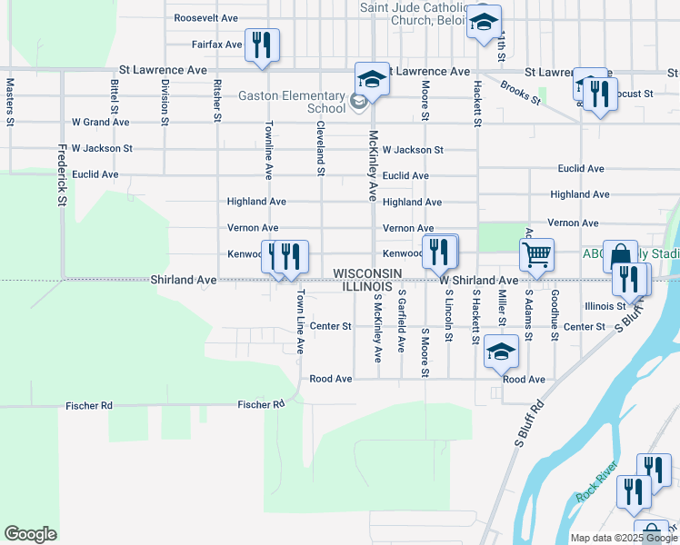 map of restaurants, bars, coffee shops, grocery stores, and more near 1541 Shirland Avenue in Beloit