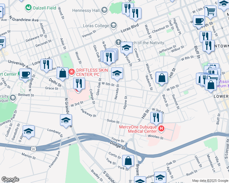 map of restaurants, bars, coffee shops, grocery stores, and more near 445 Nevada St in Dubuque