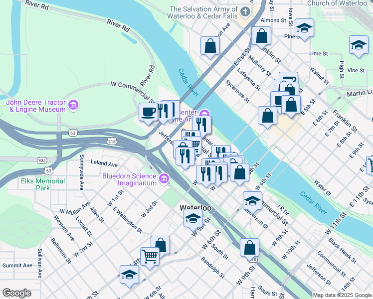 map of restaurants, bars, coffee shops, grocery stores, and more near 303 Jefferson Street in Waterloo