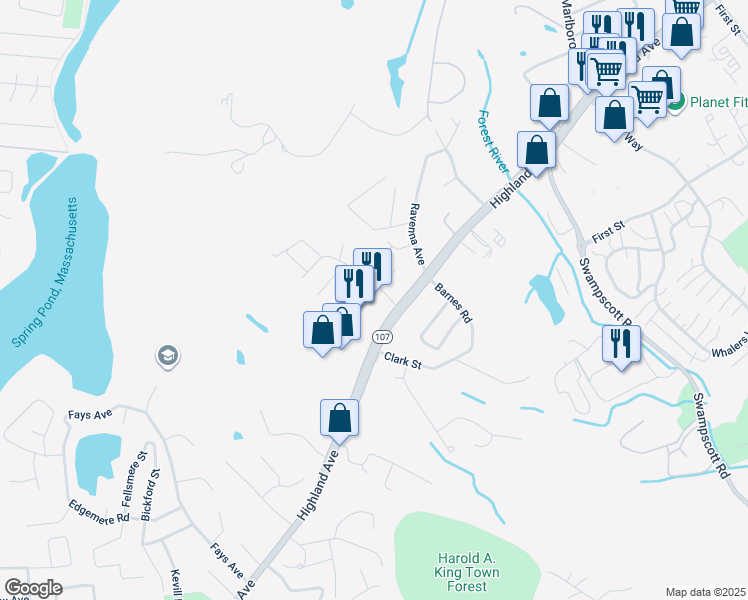 map of restaurants, bars, coffee shops, grocery stores, and more near 400 Highland Avenue in Salem