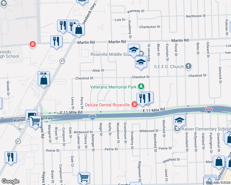 map of restaurants, bars, coffee shops, grocery stores, and more near 27241 Woodmont Street in Roseville